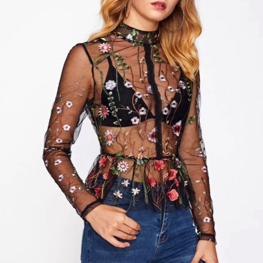 Floral Embroidered Sheer Black Top